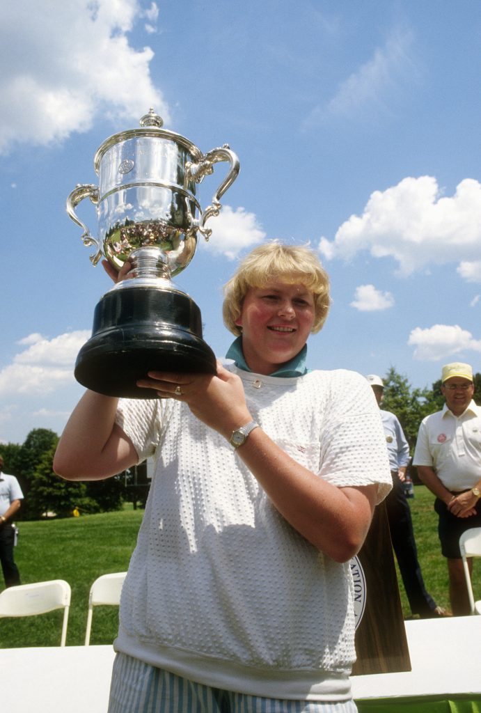 EDISON, NJ - CIRC 1987: Laura Davies poses with the trophy after winning the U.S. Women's Open Golf Championship circa 1987 at the Plainfield Country Club in Edison, New Jersey. (Photo by Focus on Sport/Getty Images)